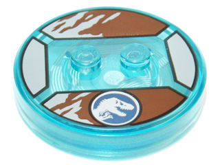 Dimensions Toy Tag 4 x 4 x 2/3 with 2 Studs and Trans-Light Blue Bottom with Silver Jurassic World Logo on Reddish Brown and Light Bluish Gray Background Pattern (Owen)