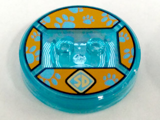 Dimensions Toy Tag 4 x 4 x 2/3 with 2 Studs and Trans-Light Blue Bottom with Gold 'SD' Emblem and Medium Azure Paw Prints on Orange Background Pattern (Scooby-Doo)