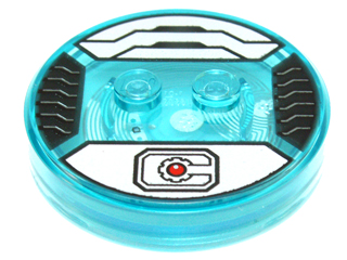 Dimensions Toy Tag 4 x 4 x 2/3 with 2 Studs and Trans-Light Blue Bottom with Red Circle, Stylized Black 'C', and Armor Plating on Silver Background Pattern (Cyborg)