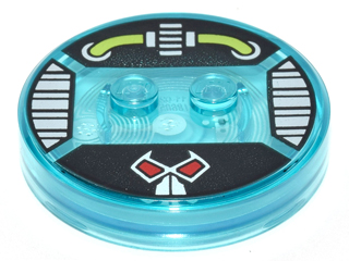 Dimensions Toy Tag 4 x 4 x 2/3 with 2 Studs and Trans-Light Blue Bottom with Lime Tubes, Silver Machinery, and White Mask with Red Eyes on Black Background Pattern (Bane)