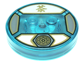 Dimensions Toy Tag 4 x 4 x 2/3 with 2 Studs and Trans-Light Blue Bottom with Gold Lotus Symbol in Dark Bluish Gray Hexagon and Chinese Logogram '茶' (Tea) on White Background Pattern (Sensei Wu)