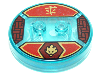 Dimensions Toy Tag 4 x 4 x 2/3 with 2 Studs and Trans-Light Blue Bottom with Gold Fire Lion Head Symbol in Dark Red Hexagon and Ninjago Logogram 'Fire' on Red Background Pattern (Kai)