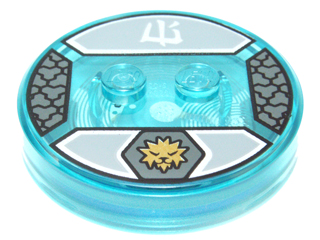 Dimensions Toy Tag 4 x 4 x 2/3 with 2 Studs and Trans-Light Blue Bottom with Gold Icy Saber-Toothed Cat Head in Dark Bluish Gray Hexagon and White Ninjago Logogram 'Ice' on Light Bluish Gray Background Pattern (Zane)