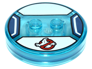 Dimensions Toy Tag 4 x 4 x 2/3 with 2 Studs and Trans-Light Blue Bottom with Ghostbusters Logo on White Background Pattern (Stay Puft Bibendum Chamallow)