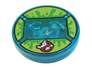 Dimensions Toy Tag 4 x 4 x 2/3 with 2 Studs and Trans-Light Blue Bottom with Ghostbusters Logo and Bright Green Slime on Lime Background Pattern (Slimer)