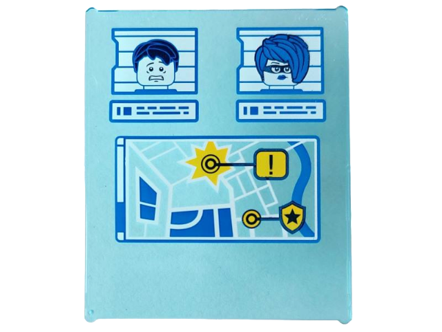 Glass for Window 1 x 6 x 6 Flat Front with Yellow, Blue and White GPS Map Screen and 2 Crook Minifigures Pattern