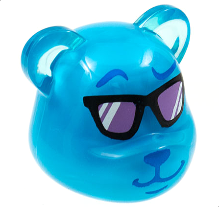Minifigure, Head, Modified Bear with Molded Dark Azure Core and Printed Blue Eyebrows, Nose and Mouth, Black Sunglasses with Medium Lavender Lenses Pattern