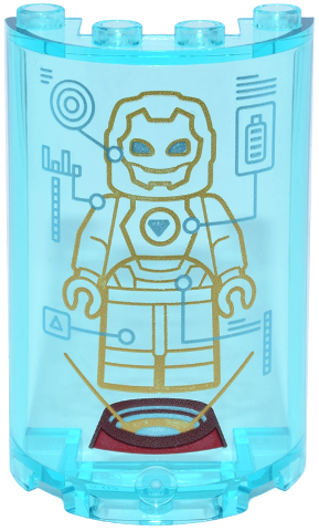 Cylinder Half 2 x 4 x 5 with 1 x 2 Cutout with Gold Iron Man Armor Projection and Silver Digital Display Pattern