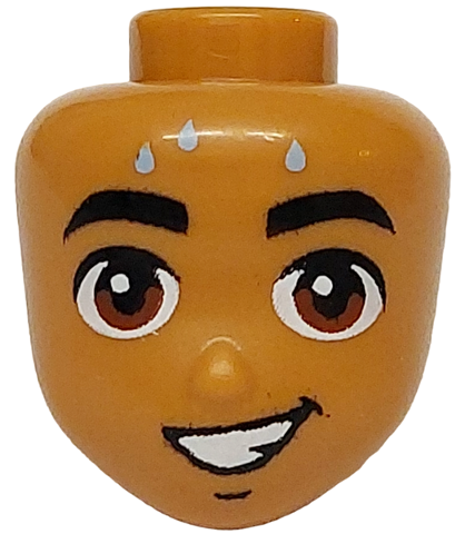 Mini Doll, Head Friends with Black Eyebrows, Reddish Brown Eyes, Bright Light Blue Sweat Drops and Open Mouth Lopsided Smile Pattern