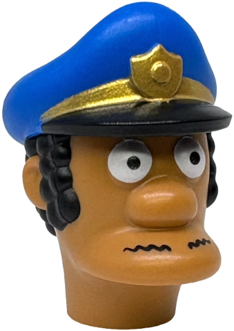 Minifigure, Head, Modified Simpsons Officer Lou with Blue Police Hat with Molded Black Hair and Printed Eyes, Moustache, Bill and Gold Badge Pattern