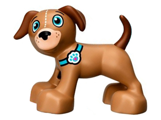 Duplo Dog with Medium Azure Eyes, Reddish Brown Ears and Tail, Black Nose, Light Nougat Muzzle, and Paw Print Collar Pattern