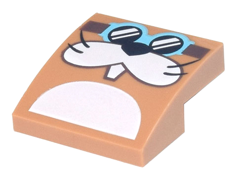 Slope, Curved 2 x 2 x 2/3 with Medium Azure Goggles with Dark Brown Strap, Black Nose and Whiskers, White Cheeks and Tooth Pattern (Super Mario Rocky Wrench Face)