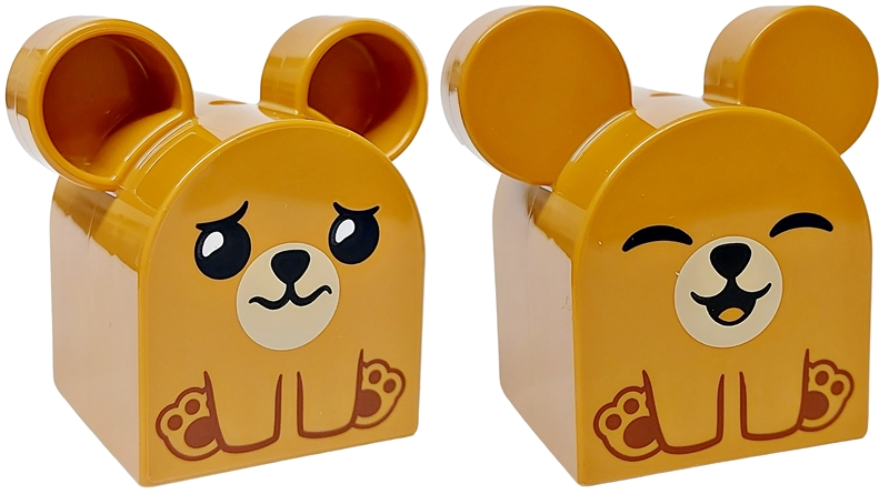 Duplo, Brick 2 x 2 x 2 Curved Top with Rounded Ears with Black Eyes, Nose, and Mouth, Tan Muzzle, Reddish Brown Paws, Worried / Laughing Pattern