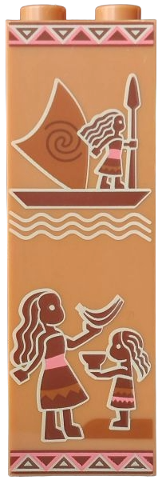 Brick 1 x 2 x 5 with Wall Decoration with Polynesian Tribal Stripes, Moana and Simea, Canoe with Sail, Banana and Cup Pattern