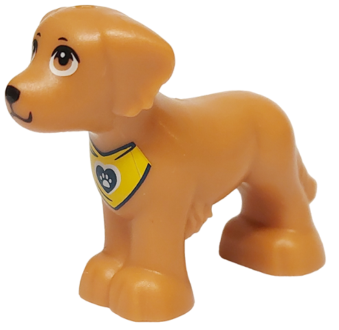 Dog, Friends Style, Shaggy Fur, Ears, and Tail with Black Nose, Mouth, Eyelids and Eyebrows, Yellow Bandana with Heart and White Paw Print Pattern (Rocky)