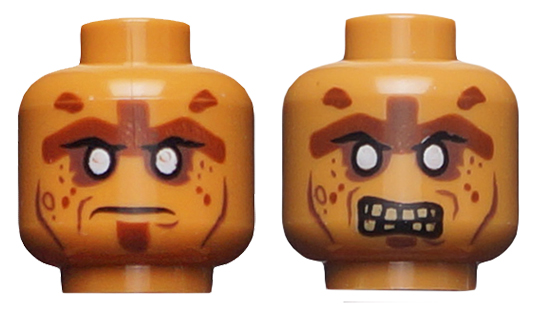 Minifigure, Head Dual Sided Alien PotC Zombie Silver Eyes and Brown Face Lines Closed Mouth / Bared Teeth Pattern