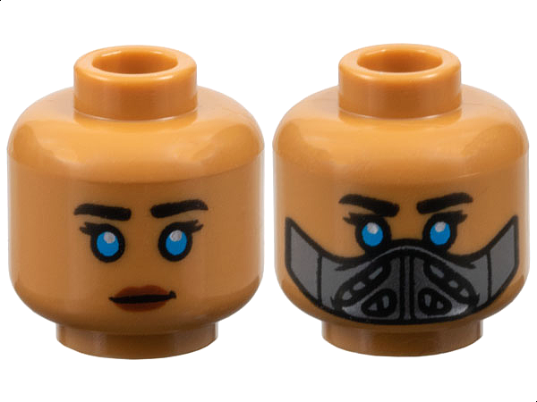 Minifigure, Head Dual Sided Female Black Eyebrows and Eyelashes, Dark Azure Eyes, Neutral with Reddish Brown Lips / Dark Bluish Gray and Dark Silver Mask Pattern