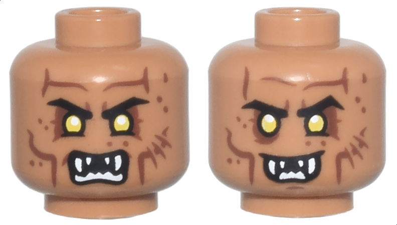 Minifigure, Head Dual Sided Alien Orc Yellow Eyes, Reddish Brown