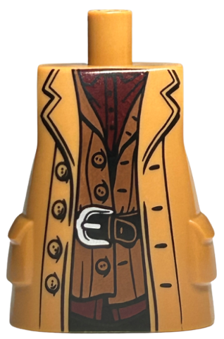 Torso Large, Long Coat with Molded Pockets with Broad Lapels, Red Shirt, Reddish Brown Vest, and Black Belt with Silver Buckle Pattern