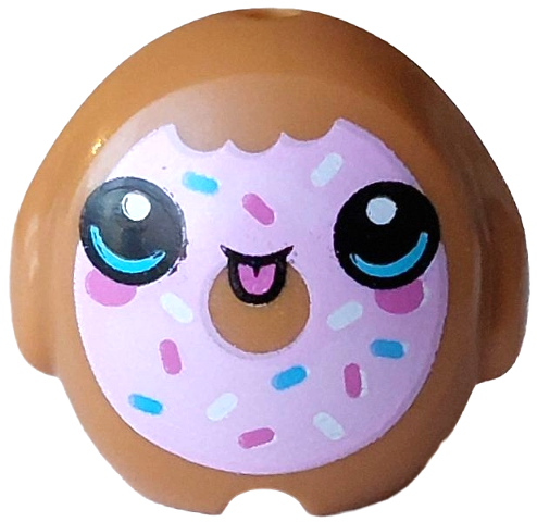 Minifigure, Utensil Pillow Plush Toy with Bitten Out Donut Face with Bright Pink Frosting, Magenta, Medium Azure and White Sprinkles, Black Mouth and Eyes with Glints, Tongue Stuck Out Pattern