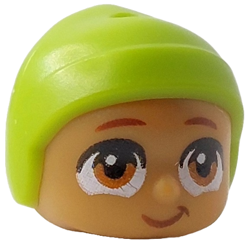 Mini Doll, Head, Modified Baby / Toddler with Molded Lime Cap and Printed Reddish Brown Eyebrows and Dark Orange Eyes, Lopsided Grin Pattern