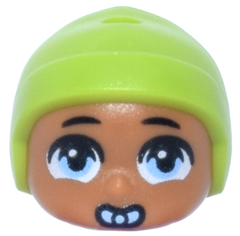 Mini Doll, Head, Modified Baby / Toddler with Molded Lime Cap and Printed Black Eyebrows, Bright Light Blue Eyes and Pacifier Pattern