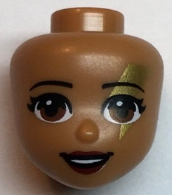 Mini Doll, Head Friends with Light Brown Eyes, Dark Red Lips, Gold Lightning Bolt Around Left Eye and Open Mouth Smile Pattern
