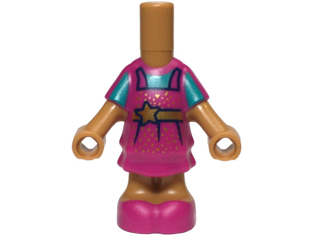 Micro Doll, Body with Molded Magenta Short Layered Dress and Shoes and Printed Dark Turquoise Shirt, Gold Sparkles and Sash with Star Pattern