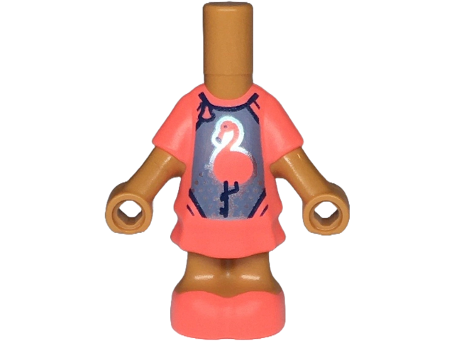 Micro Doll, Body with Molded Coral Short Layered Dress and Shoes and Printed Sand Blue Swimsuit with Flamingo and Metallic Light Blue Spots Pattern