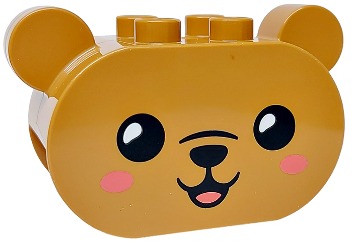 Duplo, Brick 2 x 4 x 2 1/2 Rounded Ends, Ears on Sides with Black Eyes, Nose, and Mouth, and Coral Cheeks and Tongue, Bear Head Pattern