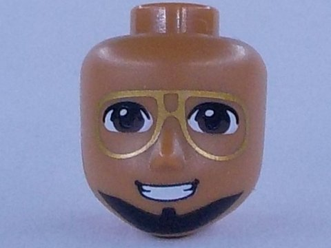 Mini Doll, Head Friends Male Large with Dark Brown Eyes, Gold Glasses, Black Beard, and Smile with Teeth Pattern