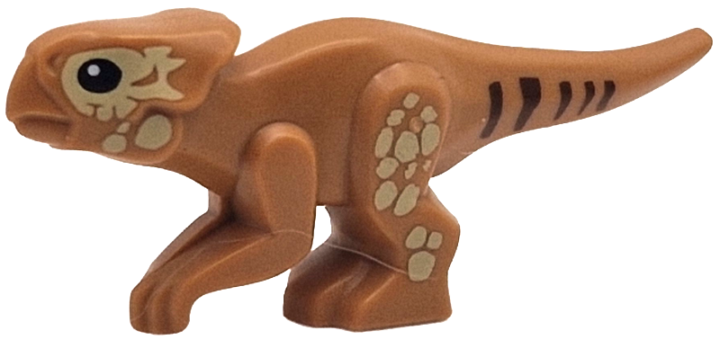 Dinosaur Aquilops Baby Standing with Tan Scales, Reddish Brown Stripes, and Black Eyes Pattern (Jurassic World Dolores)