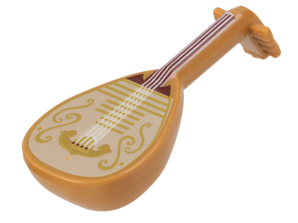 Part 80503pb02 : Minifigure, Utensil Musical Instrument, Lute with Dark Red  Neck, White Strings, and Tan Body with Gold Filigree Trim Pattern  [(unsorted)] [BrickLink]