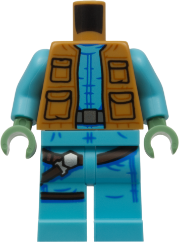 Body SMART Minifigure, Torso with Medium Azure Hips and Legs with Greedo, Jacket with Pockets, Belt, Holster, and Dark Azure Fold Lines Pattern / Medium Azure Arms / Sand Green Hands