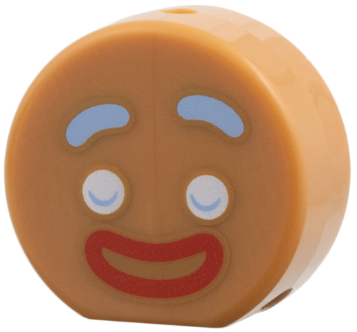 Minifigure, Head, Modified Round with Bright Light Blue Eyebrows, White Eyes, Red Mouth Pattern (Gingerbread Man)