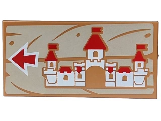 Tile 2 x 4 with Red and White Peach Castle and Arrow on Tan Wood Grain Background Pattern