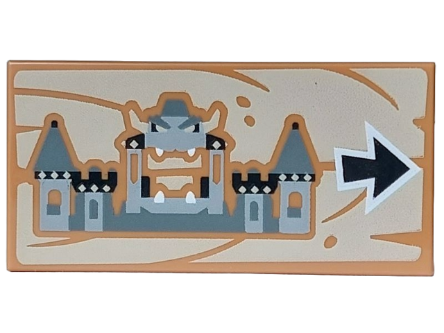 Tile 2 x 4 with Black, Dark Bluish Gray, Light Bluish Gray and White Bowser Castle and Arrow on Tan Wood Grain Background Pattern