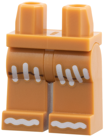 Medium nougat minifigure legs with white decorative icing stripes and printed toes.