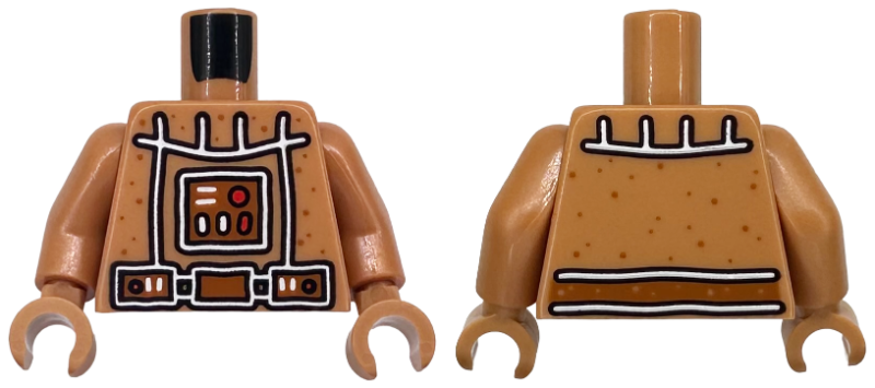 Torso Armor Gingerbread with Dark Orange Dots, White Icing, Black Outline, Reddish Brown Belt and Control Panel with Red Buttons and Lights Pattern / Medium Nougat Arms / Medium Nougat Hands