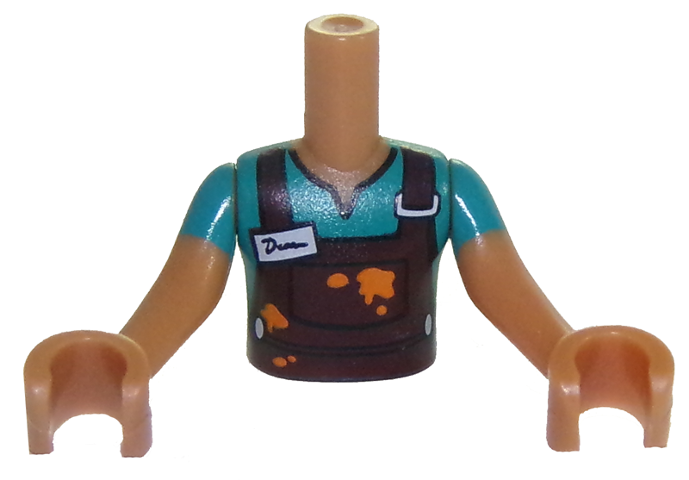 Torso Mini Doll Boy Dark Turquoise Top with Dark Brown Overalls and Name Tag Pattern, Medium Nougat Arms with Hands with Dark Turquoise Sleeves
