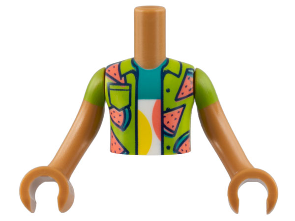 Torso Mini Doll Boy Lime Shirt with Coral and Dark Turquoise Watermelon Slices Pattern, Medium Nougat Arms with Hands with Lime Short Sleeves