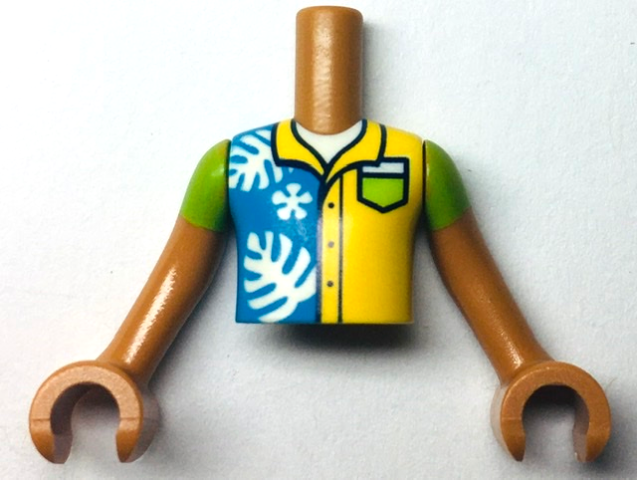 Torso Mini Doll Boy Dark Azure and Yellow Shirt with White Leaves and Lime Pocket Pattern, Medium Nougat Arms with Hands with Lime Short Sleeves