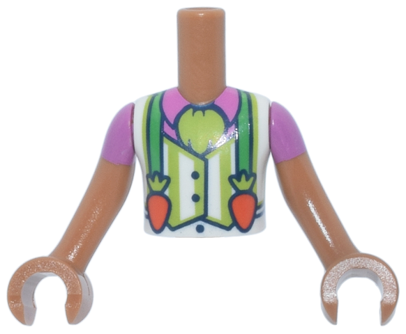 Torso Mini Doll Boy Lime and White Striped Vest over Dark Pink Shirt, Bright Green Suspenders with Carrot Clasps Pattern, Medium Nougat Arms with Hands with Dark Pink Short Sleeves