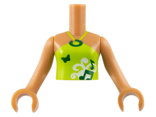 Torso Mini Doll Girl Lime Halter Neck Top with Music Notes and Butterfly Pattern, Medium Nougat Arms with Hands
