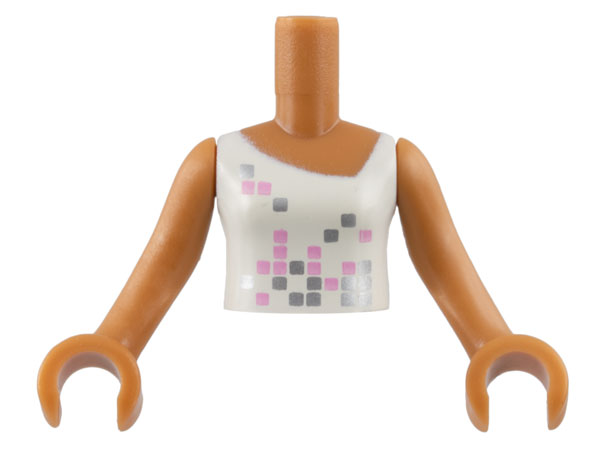 Torso Mini Doll Girl White Top with Bright Pink and Silver Squares Pattern, Medium Nougat Arms with Hands