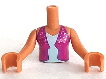 Torso Mini Doll Girl Magenta Open Vest with Gold Dots over Light Aqua Top Pattern, Medium Nougat Arms with Hands