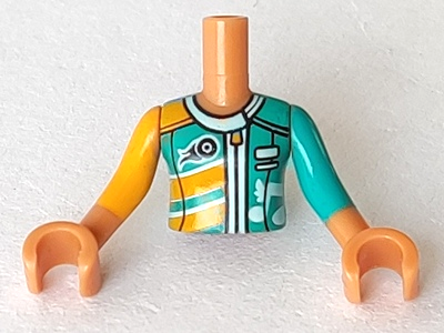 Torso Mini Doll Girl Bright Light Orange and Dark Turquoise Racing Jacket Pattern, Medium Nougat Arms with Hands with Bright Light Orange Right Sleeve, Dark Turquoise Left Sleeve