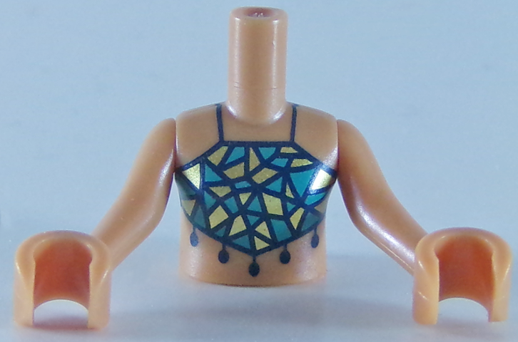 Torso Mini Doll Girl Dark Turquoise and Gold Swimsuit Top Pattern, Medium Nougat Arms with Hands