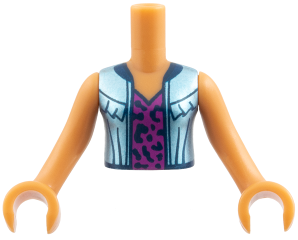 Torso Mini Doll Girl Metallic Light Blue Jacket over Magenta Top with Dark Blue Splotches Pattern, Medium Nougat Arms with Hands