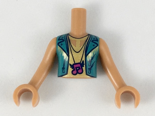 Torso Mini Doll Girl Gold Top with Dark Turquoise Vest, Magenta Music Note Necklace Pattern, Medium Nougat Arms with Hands